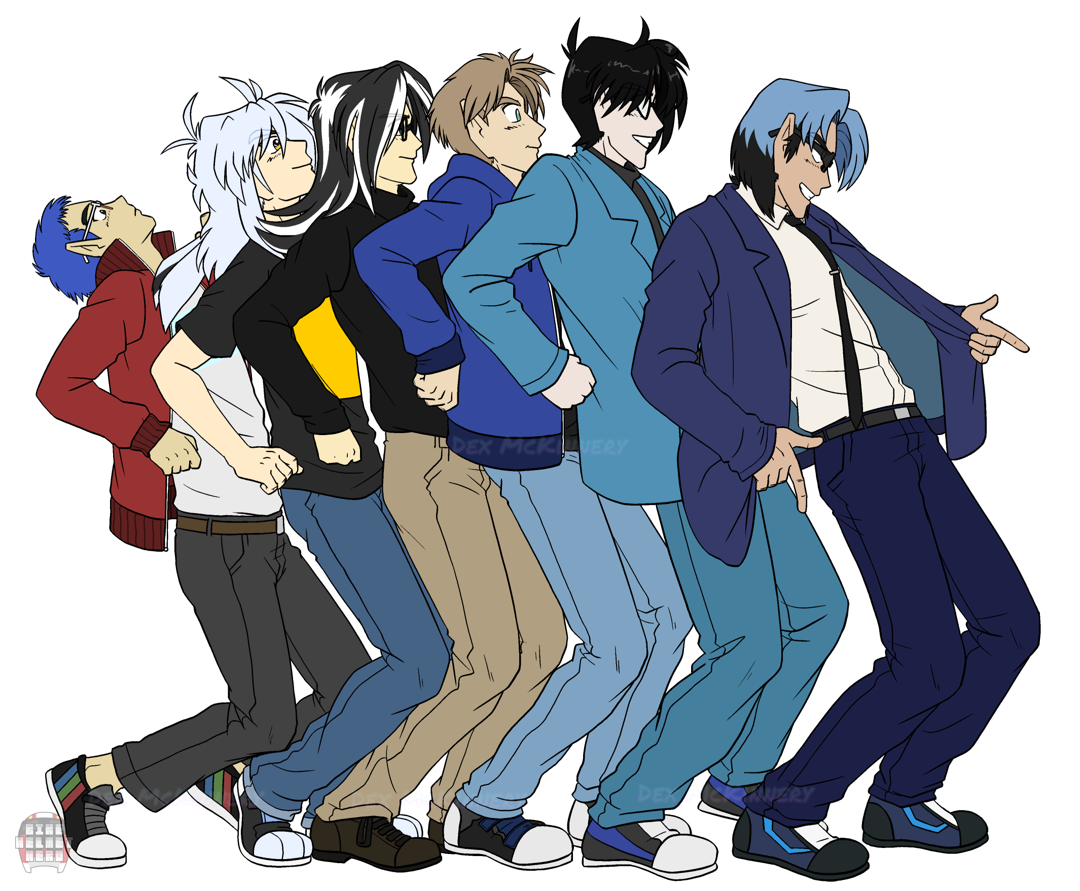 Yoji Maekawa, Toby Ryder, Gunnan Laguna, Neil Morrison, Scott Griffin and Alexander Causey in the poses from the single version album cover of "One Step Beyond..." by Madness. Set in story 2003. (2025-10-17)